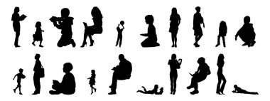 Vektör siluetleri, insanların ana hatları, Contour çizimleri, insanların siluetleri, ikon kümesi izole edilmiş, oturan insanların silueti, mimari set