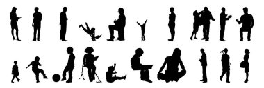 Vektör siluetleri, insanların ana hatları, Contour çizimleri, insanların siluetleri, ikon kümesi izole edilmiş, oturan insanların silueti, mimari set