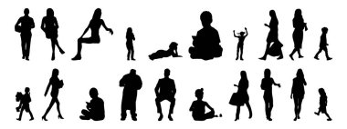 Vektör siluetleri, insanların ana hatları, Contour çizimleri, insanların siluetleri, ikon kümesi izole edilmiş, oturan insanların silueti, mimari set