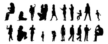 Vektör siluetleri, insanların ana hatları, Contour çizimleri, insanların siluetleri, ikon kümesi izole edilmiş, oturan insanların silueti, mimari set