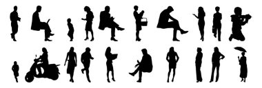 Vektör siluetleri, insanların ana hatları, Contour çizimleri, insanların siluetleri, ikon kümesi izole edilmiş, oturan insanların silueti, mimari set