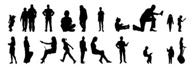 Vektör siluetleri, insanların ana hatları, Contour çizimleri, insanların siluetleri, ikon kümesi izole edilmiş, oturan insanların silueti, mimari set