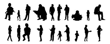 Vektör siluetleri, insanların ana hatları, Contour çizimleri, insanların siluetleri, ikon kümesi izole edilmiş, oturan insanların silueti, mimari set