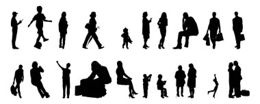 Vektör siluetleri, insanların ana hatları, Contour çizimleri, insanların siluetleri, ikon kümesi izole edilmiş, oturan insanların silueti, mimari set