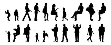 Vektör siluetleri, insanların ana hatları, Contour çizimleri, insanların siluetleri, ikon kümesi izole edilmiş, oturan insanların silueti, mimari set