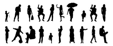 Vektör siluetleri, insanların ana hatları, Contour çizimleri, insanların siluetleri, ikon kümesi izole edilmiş, oturan insanların silueti, mimari set