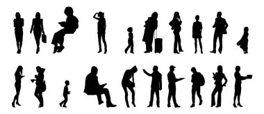 Vektör siluetleri, insanların ana hatları, Contour çizimleri, insanların siluetleri, ikon kümesi izole edilmiş, oturan insanların silueti, mimari set