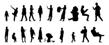 Vektör siluetleri, insanların ana hatları, Contour çizimleri, insanların siluetleri, ikon kümesi izole edilmiş, oturan insanların silueti, mimari set