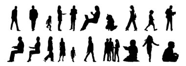 Vektör siluetleri, insanların ana hatları, Contour çizimleri, insanların siluetleri, ikon kümesi izole edilmiş, oturan insanların silueti, mimari set
