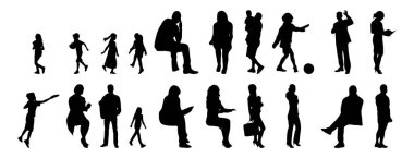 Vektör siluetleri, insanların ana hatları, Contour çizimleri, insanların siluetleri, ikon kümesi izole edilmiş, oturan insanların silueti, mimari set