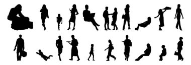 Vektör siluetleri, insanların ana hatları, Contour çizimleri, insanların siluetleri, ikon kümesi izole edilmiş, oturan insanların silueti, mimari set