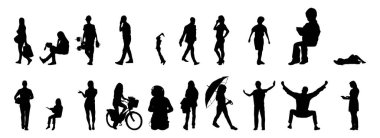 Vektör siluetleri, insanların ana hatları, Contour çizimleri, insanların siluetleri, ikon kümesi izole edilmiş, oturan insanların silueti, mimari set