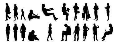 Vektör siluetleri, insanların ana hatları, Contour çizimleri, insanların siluetleri, ikon kümesi izole edilmiş, oturan insanların silueti, mimari set