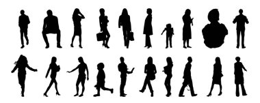 Vektör siluetleri, insanların ana hatları, Contour çizimleri, insanların siluetleri, ikon kümesi izole edilmiş, oturan insanların silueti, mimari set