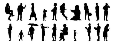 Vektör siluetleri, insanların ana hatları, Contour çizimleri, insanların siluetleri, ikon kümesi izole edilmiş, oturan insanların silueti, mimari set