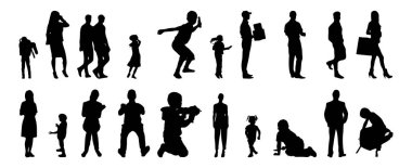 Vektör siluetleri, insanların ana hatları, Contour çizimleri, insanların siluetleri, ikon kümesi izole edilmiş, oturan insanların silueti, mimari set