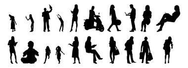 Vektör siluetleri, insanların ana hatları, Contour çizimleri, insanların siluetleri, ikon kümesi izole edilmiş, oturan insanların silueti, mimari set