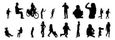 Vektör siluetleri, insanların ana hatları, Contour çizimleri, insanların siluetleri, ikon kümesi izole edilmiş, oturan insanların silueti, mimari set