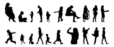 Vektör siluetleri, insanların ana hatları, Contour çizimleri, insanların siluetleri, ikon kümesi izole edilmiş, oturan insanların silueti, mimari set