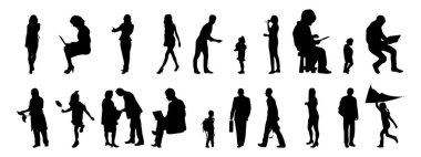 Vektör siluetleri, insanların ana hatları, Contour çizimleri, insanların siluetleri, ikon kümesi izole edilmiş, oturan insanların silueti, mimari set