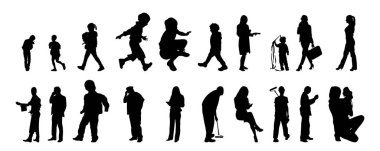 Vektör siluetleri, insanların ana hatları, Contour çizimleri, insanların siluetleri, ikon kümesi izole edilmiş, oturan insanların silueti, mimari set