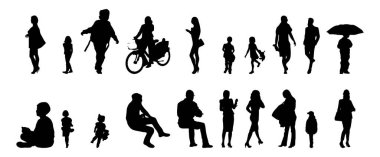 Vektör siluetleri, insanların ana hatları, Contour çizimleri, insanların siluetleri, ikon kümesi izole edilmiş, oturan insanların silueti, mimari set