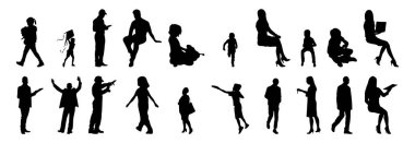 Vektör siluetleri, insanların ana hatları, Contour çizimleri, insanların siluetleri, ikon kümesi izole edilmiş, oturan insanların silueti, mimari set