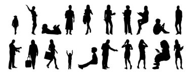 Vektör siluetleri, insanların ana hatları, Contour çizimleri, insanların siluetleri, ikon kümesi izole edilmiş, oturan insanların silueti, mimari set