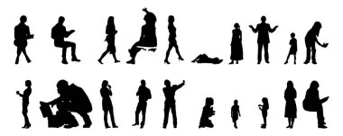 Vektör siluetleri, insanların ana hatları, Contour çizimleri, insanların siluetleri, ikon kümesi izole edilmiş, oturan insanların silueti, mimari set