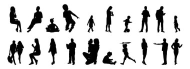 Vektör siluetleri, insanların ana hatları, Contour çizimleri, insanların siluetleri, ikon kümesi izole edilmiş, oturan insanların silueti, mimari set