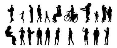 Vektör siluetleri, insanların ana hatları, Contour çizimleri, insanların siluetleri, ikon kümesi izole edilmiş, oturan insanların silueti, mimari set
