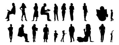 Vektör siluetleri, insanların ana hatları, Contour çizimleri, insanların siluetleri, ikon kümesi izole edilmiş, oturan insanların silueti, mimari set