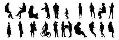 Vektör siluetleri, insanların ana hatları, Contour çizimleri, insanların siluetleri, ikon kümesi izole edilmiş, oturan insanların silueti, mimari set