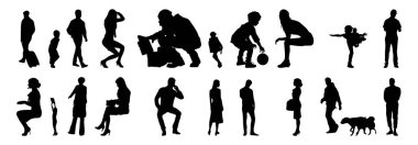 Vektör siluetleri, insanların ana hatları, Contour çizimleri, insanların siluetleri, ikon kümesi izole edilmiş, oturan insanların silueti, mimari set