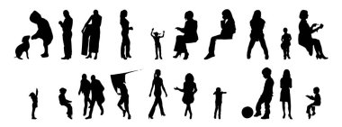 Vektör siluetleri, insanların ana hatları, Contour çizimleri, insanların siluetleri, ikon kümesi izole edilmiş, oturan insanların silueti, mimari set