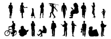 Vektör siluetleri, insanların ana hatları, Contour çizimleri, insanların siluetleri, ikon kümesi izole edilmiş, oturan insanların silueti, mimari set