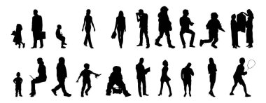 Vektör siluetleri, insanların ana hatları, Contour çizimleri, insanların siluetleri, ikon kümesi izole edilmiş, oturan insanların silueti, mimari set