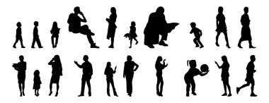 Vektör siluetleri, insanların ana hatları, Contour çizimleri, insanların siluetleri, ikon kümesi izole edilmiş, oturan insanların silueti, mimari set