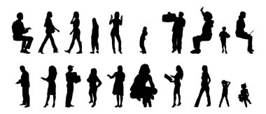 Vektör siluetleri, insanların ana hatları, Contour çizimleri, insanların siluetleri, ikon kümesi izole edilmiş, oturan insanların silueti, mimari set