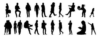 Vektör siluetleri, insanların ana hatları, Contour çizimleri, insanların siluetleri, ikon kümesi izole edilmiş, oturan insanların silueti, mimari set