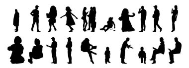 Vektör siluetleri, insanların ana hatları, Contour çizimleri, insanların siluetleri, ikon kümesi izole edilmiş, oturan insanların silueti, mimari set