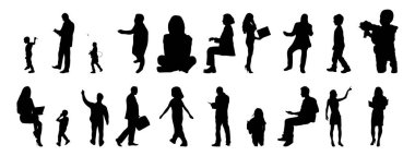 Vektör siluetleri, insanların ana hatları, Contour çizimleri, insanların siluetleri, ikon kümesi izole edilmiş, oturan insanların silueti, mimari set