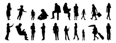 Vektör siluetleri, insanların ana hatları, Contour çizimleri, insanların siluetleri, ikon kümesi izole edilmiş, oturan insanların silueti, mimari set