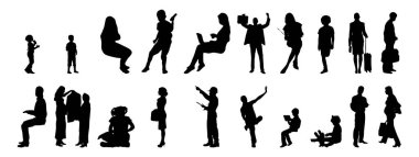 Vektör siluetleri, insanların ana hatları, Contour çizimleri, insanların siluetleri, ikon kümesi izole edilmiş, oturan insanların silueti, mimari set