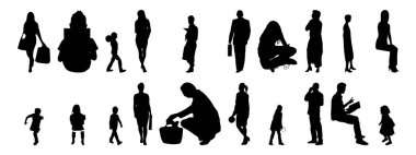 Vektör siluetleri, insanların ana hatları, Contour çizimleri, insanların siluetleri, ikon kümesi izole edilmiş, oturan insanların silueti, mimari set