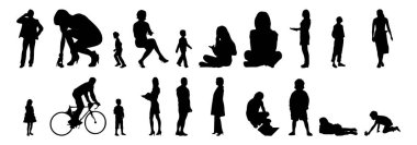 Vektör siluetleri, insanların ana hatları, Contour çizimleri, insanların siluetleri, ikon kümesi izole edilmiş, oturan insanların silueti, mimari set