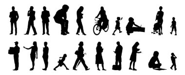 Vektör siluetleri, insanların ana hatları, Contour çizimleri, insanların siluetleri, ikon kümesi izole edilmiş, oturan insanların silueti, mimari set