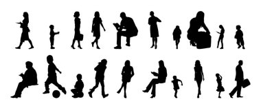 Vektör siluetleri, insanların ana hatları, Contour çizimleri, insanların siluetleri, ikon kümesi izole edilmiş, oturan insanların silueti, mimari set