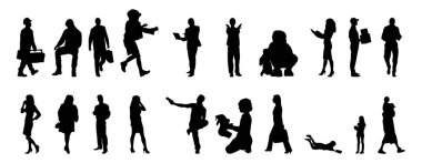 Vektör siluetleri, insanların ana hatları, Contour çizimleri, insanların siluetleri, ikon kümesi izole edilmiş, oturan insanların silueti, mimari set