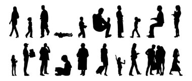 Vektör siluetleri, insanların ana hatları, Contour çizimleri, insanların siluetleri, ikon kümesi izole edilmiş, oturan insanların silueti, mimari set